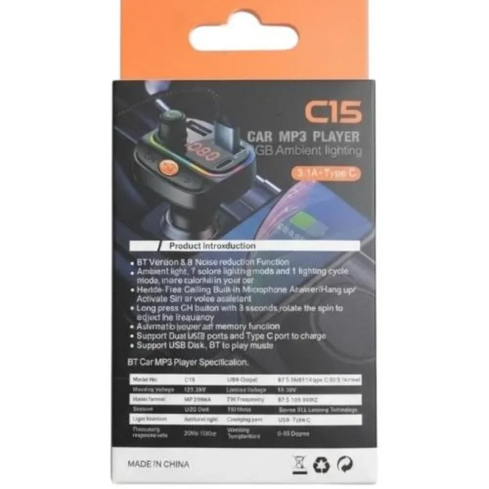 Bluetooth Car FM Transmitter with PD Fast Charging C15